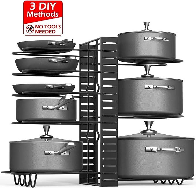 Pan Organizer Rack for Cabinet, Duerer Pots and Pans Organizer with 3 DIY Methods, 8 Tiers Adjust... | Amazon (US)