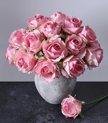 Ivydale 18pcs Pink Roses Artificial Flowers, Fake Roses Silk Flowers with Stems Realistic Bouquet... | Amazon (US)