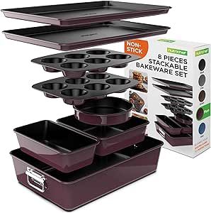 NutriChef 8-Piece Nonstick Stackable Bakeware Set - PFOA, PFOS, PTFE Free Baking Tray Set w/Non-S... | Amazon (US)