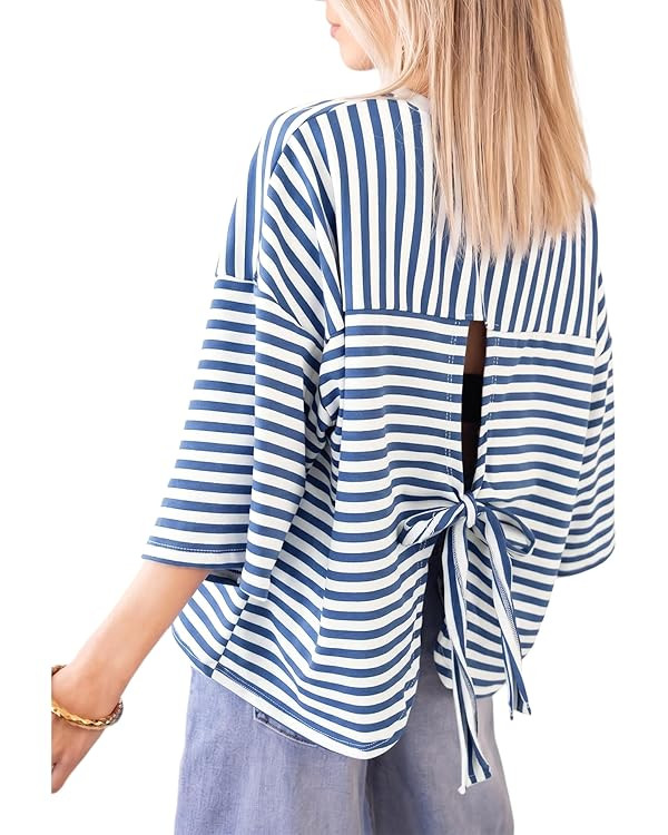 Striped T-Shirt for Women V Neck Tie Back Tee Tops Summer Y2k Bow Tshirt Half Sleeve Oversized Te... | Amazon (US)