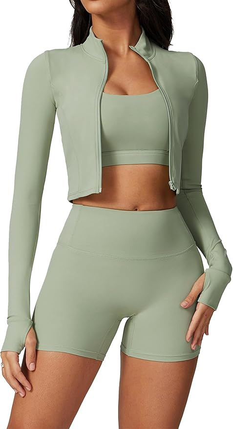 Workout Sets for Women 3 Piece High Waisted Seamless Shorts Crop Top Jacket Gym Yoga Outfit Stret... | Amazon (US)