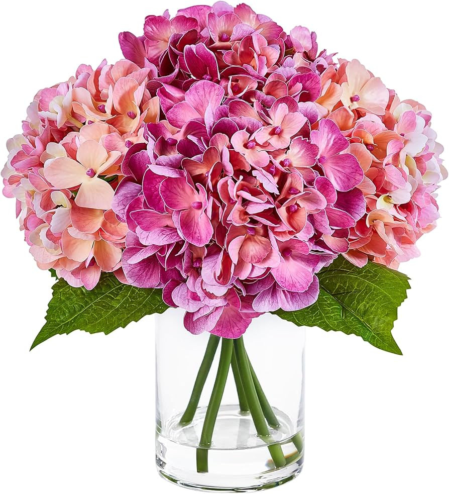 VeriNatural Hydrangea Artificial Flowers with Glass Vase - Red Pink Faux Flowers with Faux Water,... | Amazon (US)
