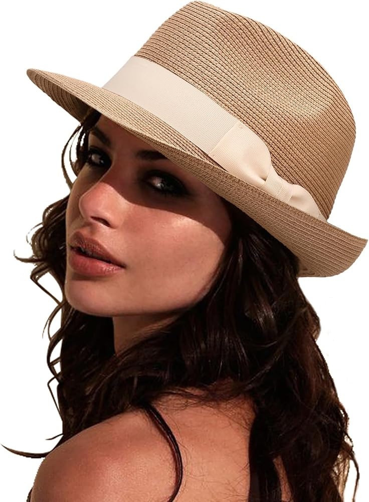 DRESHOW Women Straw Sun Hat Short Brim Panama Travel Fedora Summer Hat Roll Up Beach Cap for Wome... | Amazon (US)
