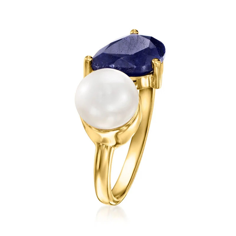 7.5-8mm Cultured Pearl and 2.80 Carat Sapphire Toi et Moi Ring in 18kt Gold Over Sterling. Size 6 | Ross-Simons