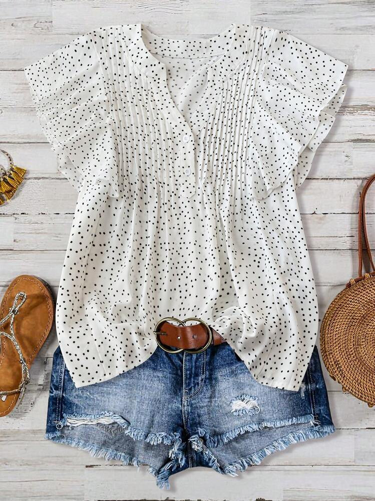 EMERY ROSE Casual V-Neck Keyhole Ruffle Sleeve Polka Dot Blouse,Short Sleeve Tops | SHEIN