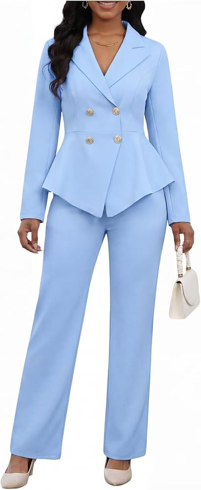 Pant Suits for Women Dressy 2 Piece Double Breasted Peplum Blazer and Wide Leg Pantsuits Business... | Amazon (US)
