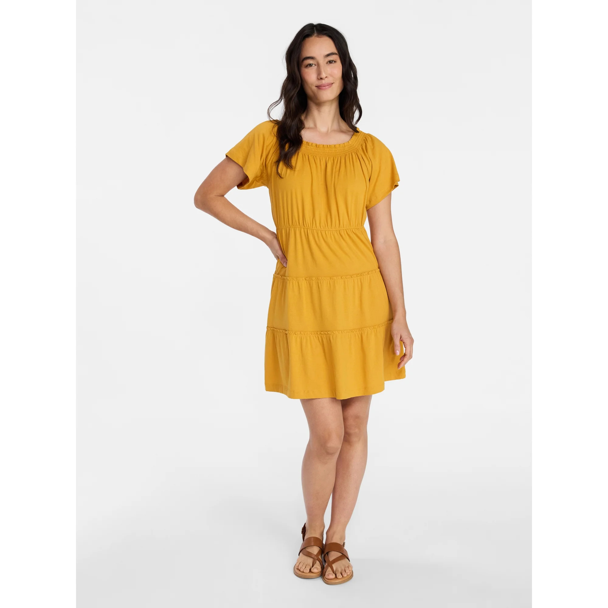 Time and Tru Women's Tiered Cotton Mini Dress with Flutter Sleeves, Sizes XS-XXXL | Walmart (US)