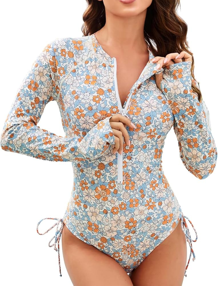 JACK SMITH Women One Piece Swimsuit Zipper Full Coverage Drawstring Sides Long Sleeve Rash Guard ... | Amazon (US)