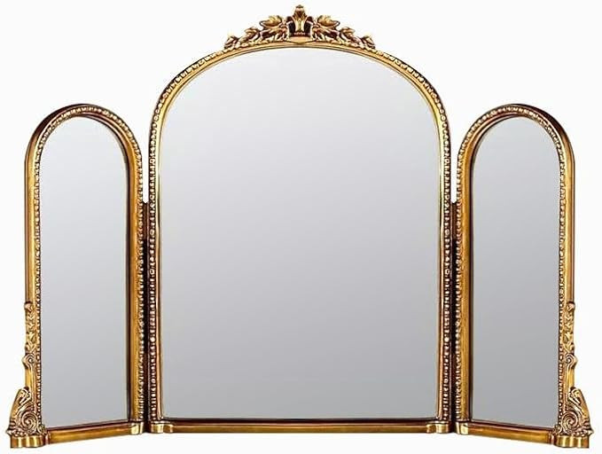 Trifold Vanity Mirrors 3 Way,Gold Arched Mirror Vintage Antique Baroque Mantel Mirror with Ornate... | Amazon (US)