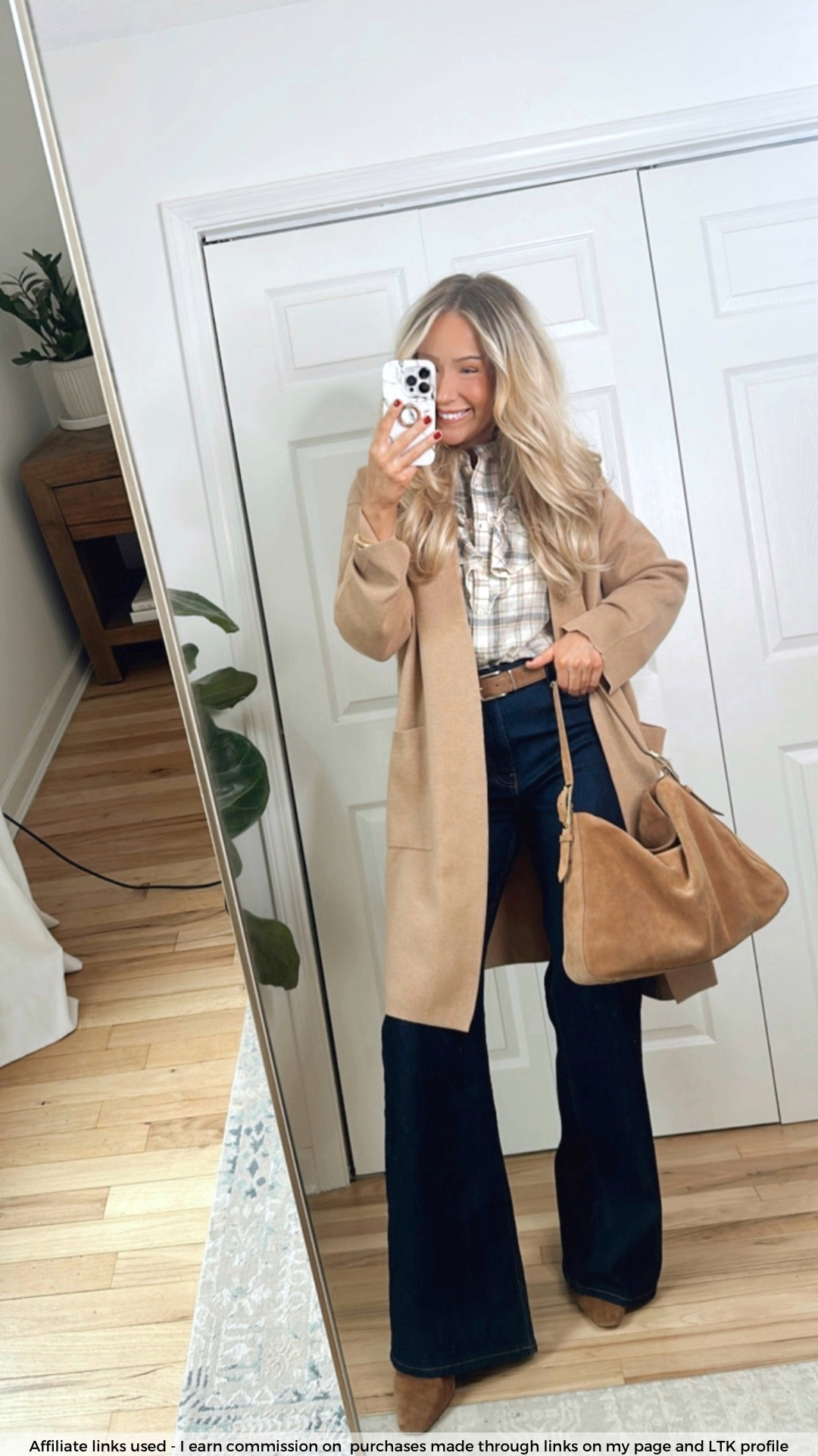 Cute casual everyday outfit winter

J.Crew camel duster cardigan sweater
Zara plaid shirt ruffles 
Zara wide leg jeans 