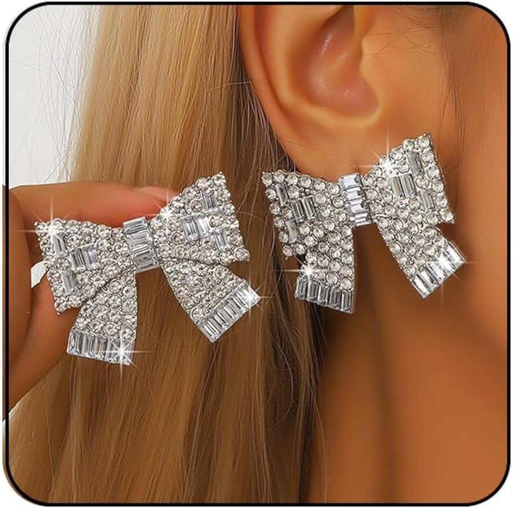 Silver Bow Rhinestone Earrings,  Bow Earrings Long Bow Dangle Earr... | Amazon (US)
