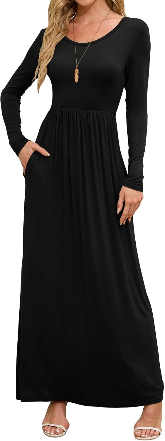 DEARCASE Women's Maxi Dress Long Sleeve Crewneck Empire Waist Long Dresses | Amazon (US)