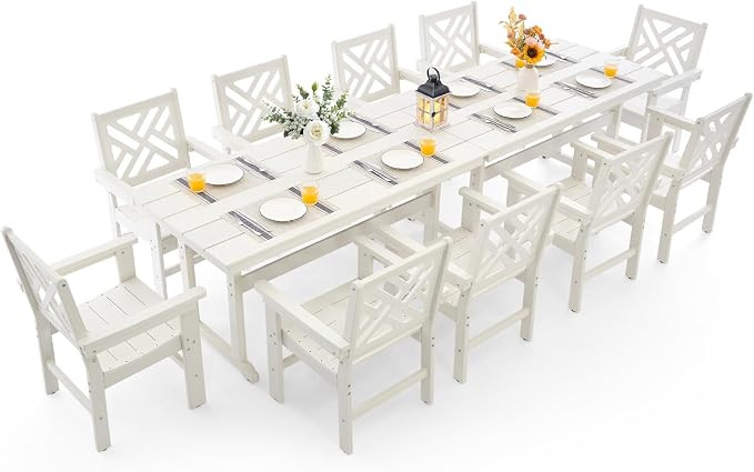 12 Piece HDPE Outdoor Dining Set for 10, Patio HDPE Furniture Set with 2 Table and Umbrella Hole,... | Amazon (US)