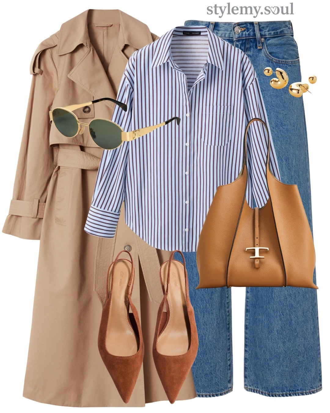 Trench coat, stripped shirt jeans camel shoes, earrings, sunglasses, camel bag, workwear

#LTKworkwear #LTKjeans #LTKmidsize