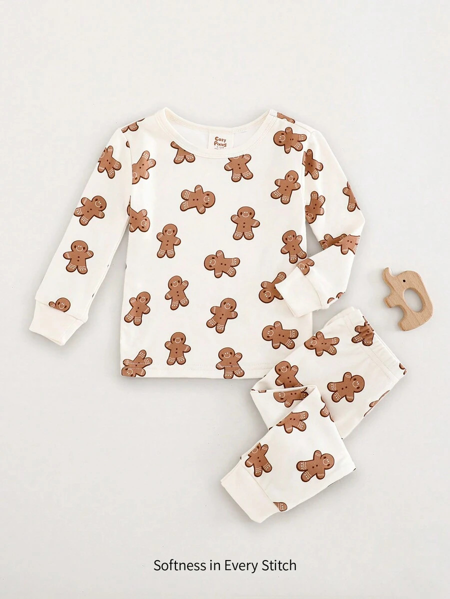 Cozy Pixies 2pcs Baby Boy Snug Fit Pajama Set With Gingerbread Man Pattern, Soft Knit Crewneck Lo... | SHEIN