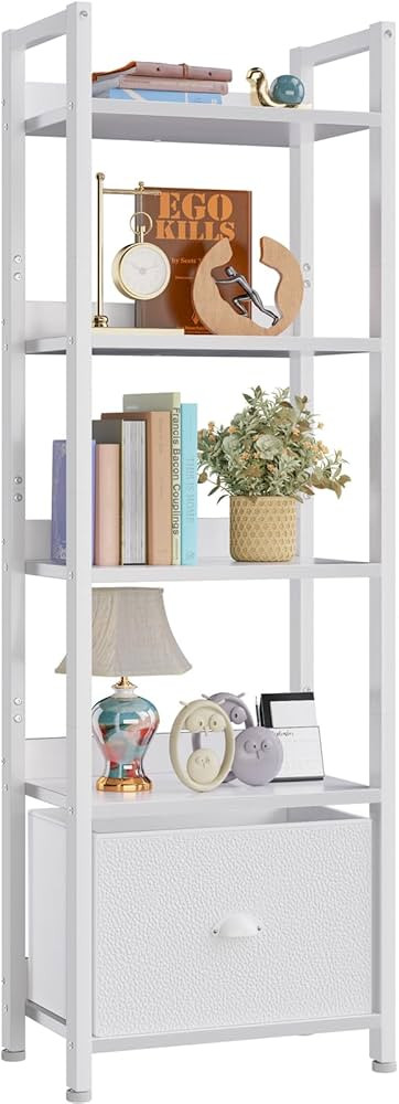 Furologee 5 Tier Bookshelf with Drawer, Tall Narrow Bookcase with Shelves, Wood and Metal Book Sh... | Amazon (US)