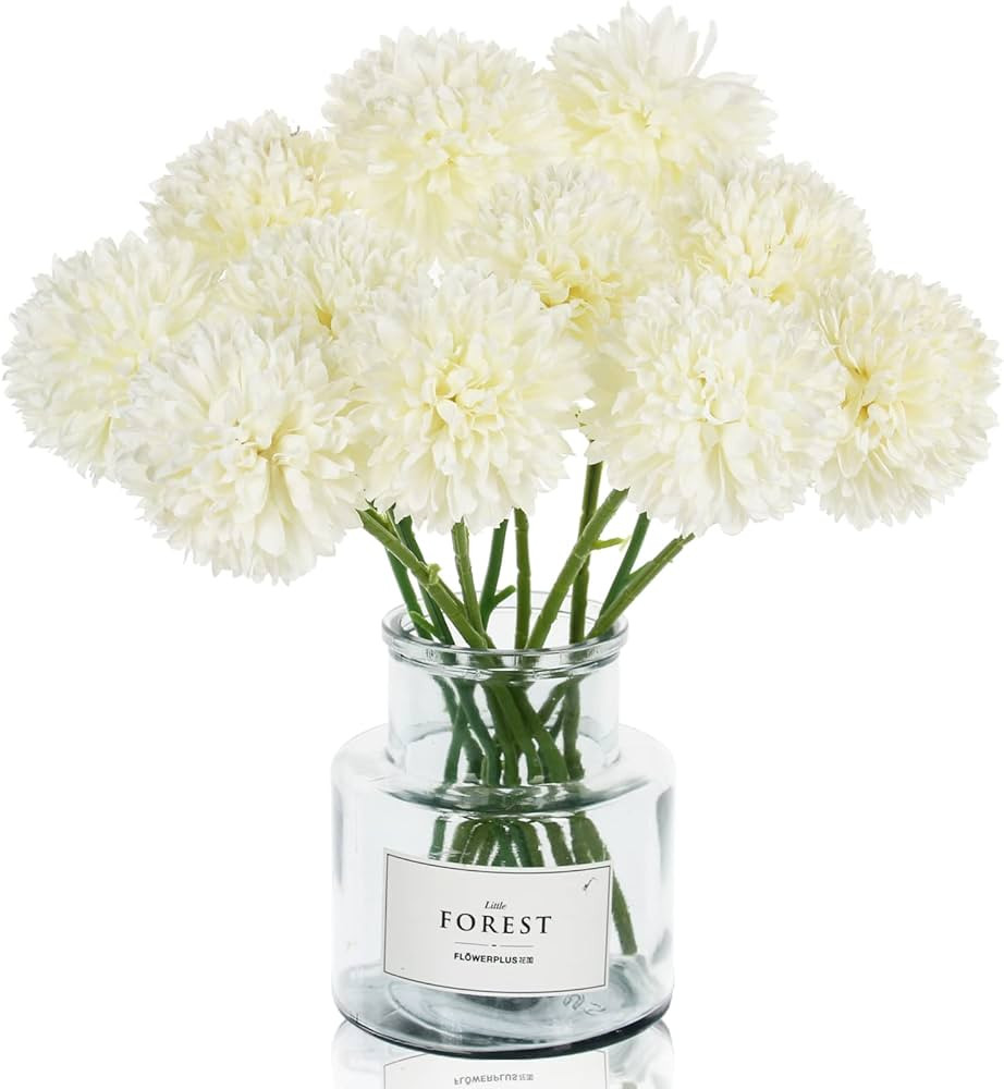 Tinsow 12 Pcs Artificial Flowers Faux Ball Chrysanthemum Bouquet Silk White Flowers Bridal Weddin... | Amazon (US)