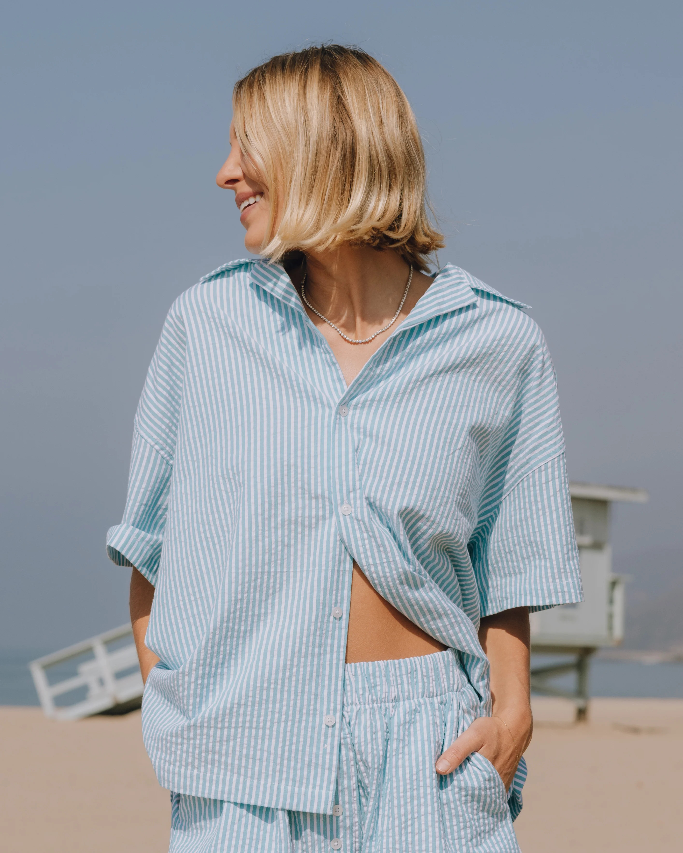Seersucker Boxy Button Down - Teal/White Stripe | Daily Drills