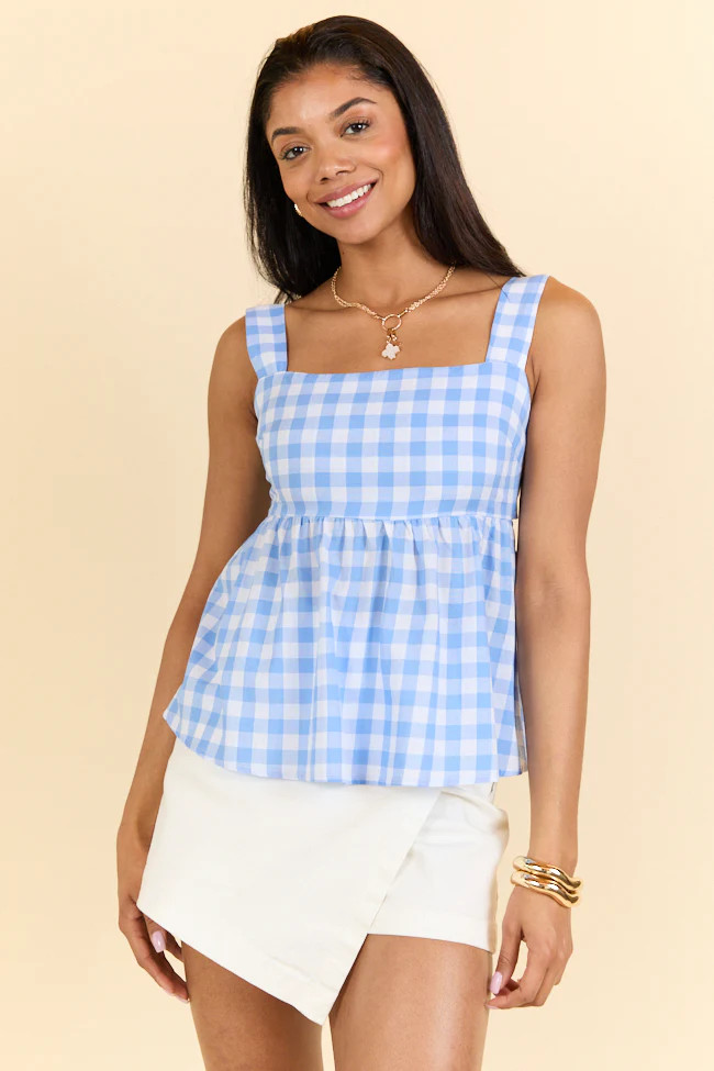 Moonlit Blue Gingham Tie Sleeve Tank SALE | Pink Lily