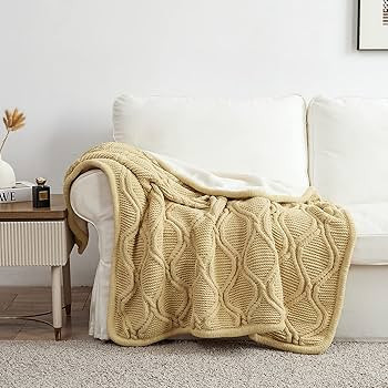 Longhui bedding Chenille Cable Knit Sherpa Throw Blanket – Thick, Soft, Big, Cozy Khaki Knitted... | Amazon (US)