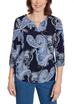 Alfred Dunner Women's Petite Classics Paisley Top with Gold Foil, Navy Blue, PS | Belk