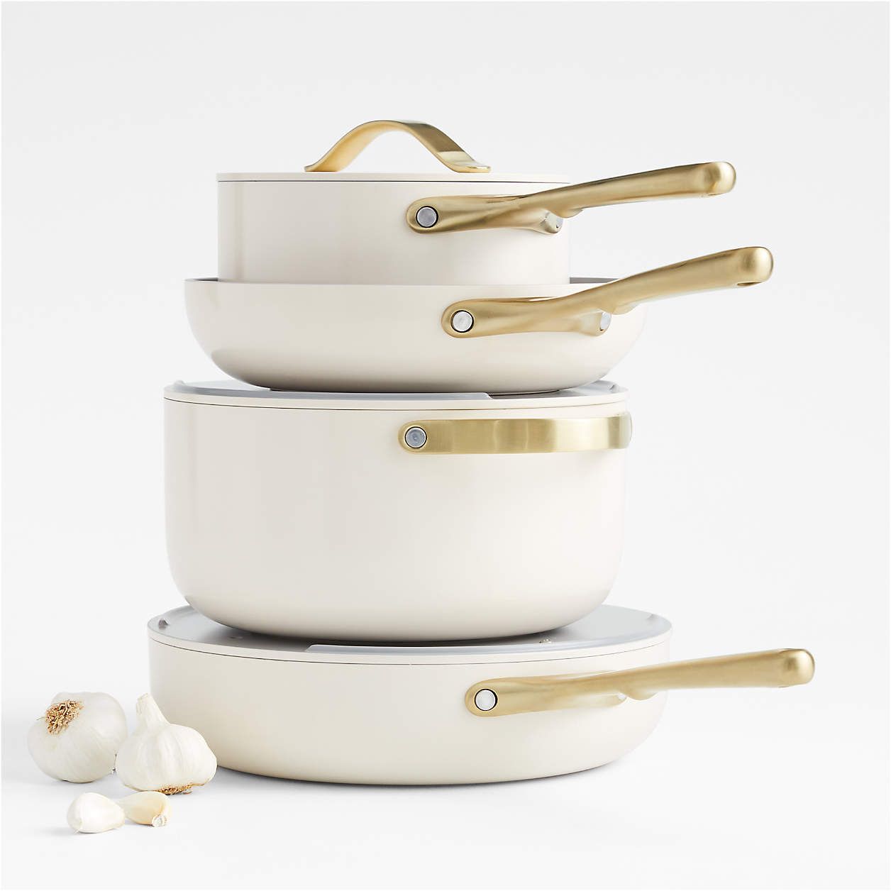 Caraway Home Cream 7-Piece Ceramic Non-Stick Cookware Set with Gold Hardware + Reviews | Crate & ... | Crate & Barrel