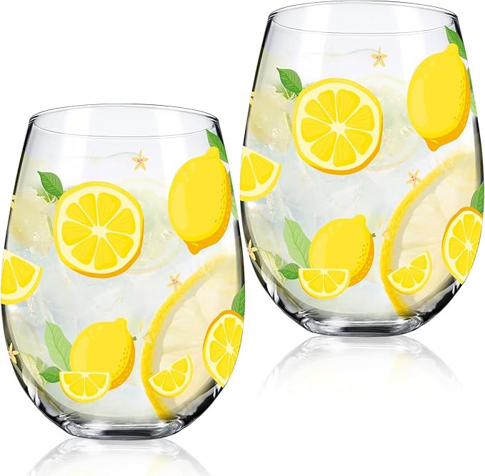 Sliner 2 Pack Lemon Stemless Wine Glasses 17oz Lemon Drinking Glasses Clear Stemless Wine Tumbler... | Amazon (US)