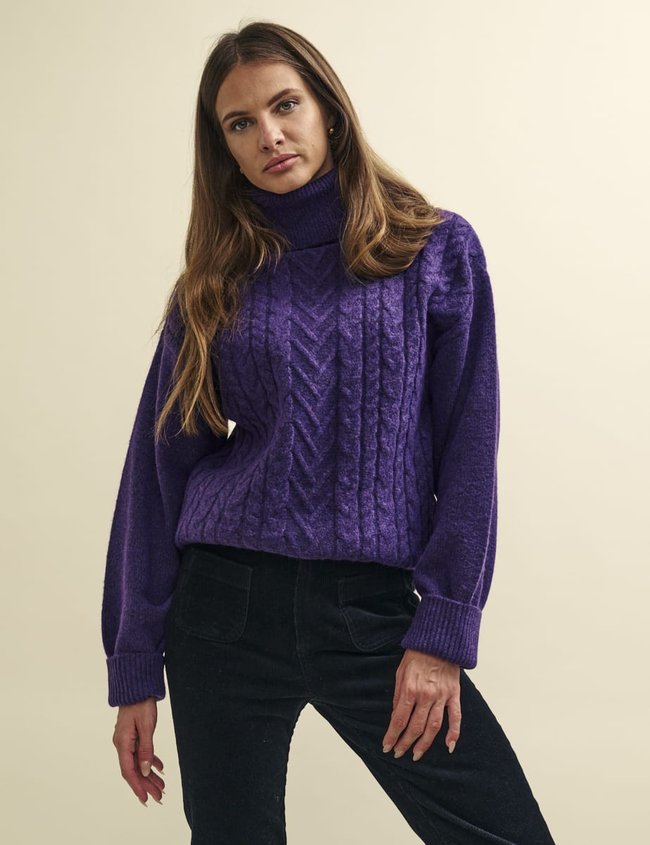 Purple Cable Knit Roll Neck Oversized Jumper | Nobody's Child