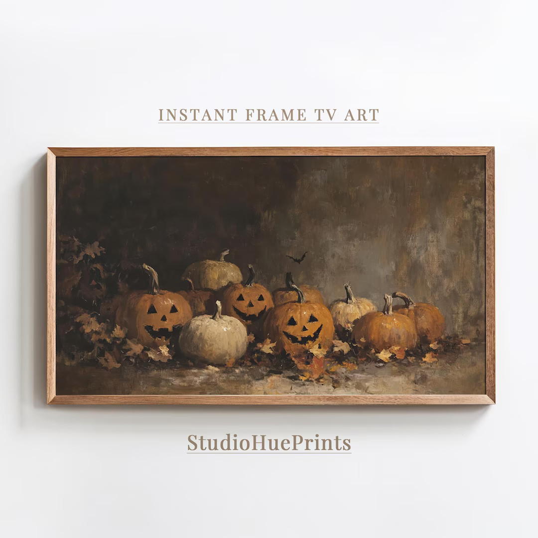 Halloween Frame TV Art, Spooky Jack-o-lantern Pumpkin Vintage Oil Painting, Rustic Fall Halloween... | Etsy (US)