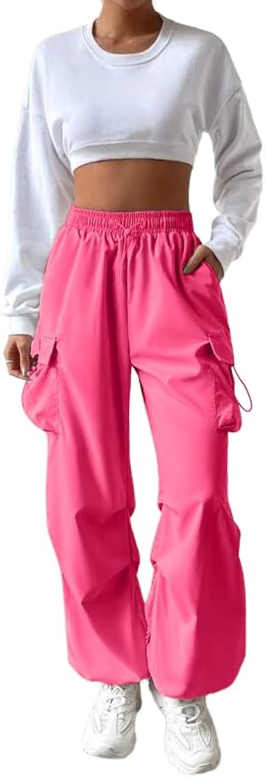 LAOARA Women Parachute Pants Drawstring Elastic Low Waist Ruched Cargo Pants Streetwear Windbreaker  | Amazon (US)