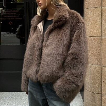 Women's Thick Faux Fur Collar Brown Faux Leather Jacket, Fashion Outerwear For Autumn/Winter | SHEIN