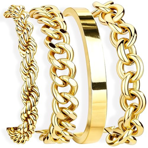 Gokeey Chunky Gold Bracelets Stack for Women Non Tarnish, Waterproof 14K Gold Plated Thick Bangle Cuff Bracelet Stackable Layered Cuban Link Chain Paperclip Rope Bracelet Set for Women Trendy Fashion Jewelry Gifts | Amazon (US)