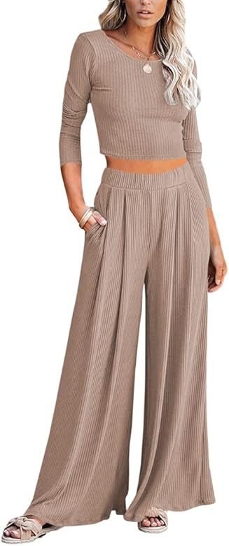 Lveberw Lounge Set Womens, Outfits Sets, Ribbed Crop Top Long Sleeve, Palazzo Pants - Loose Sweat... | Amazon (US)