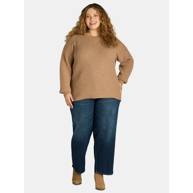 Time and Tru Women's and Women's Plus Waffle Stitch Sweater with Long Sleeves, Midweight, Sizes X... | Walmart (US)