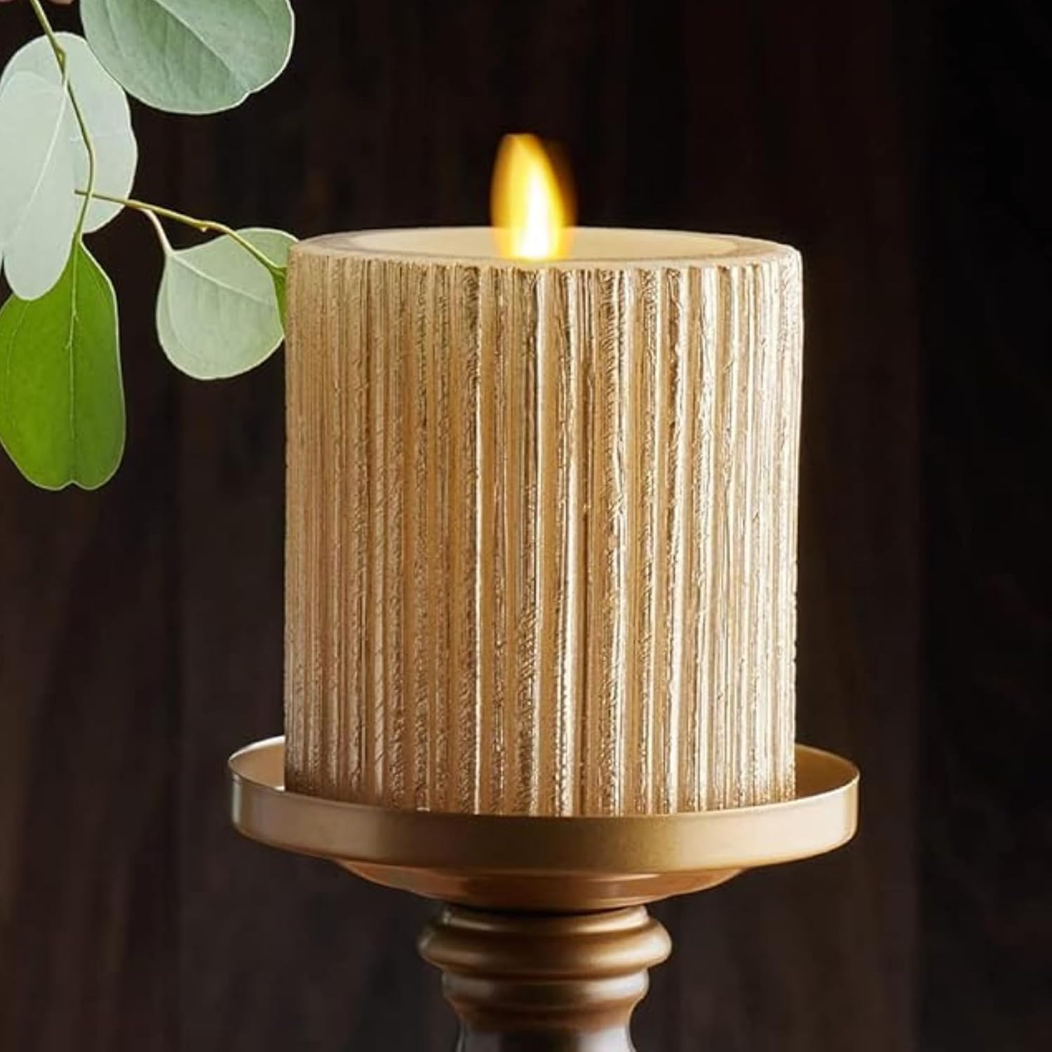 Luminara Metallic Embossed Pillar, Champagne Flameless LED Candle 3.25" x 4.5", Battery Operated Real Flame Technology w/Timer Function, Paraffin Wax | Amazon (US)