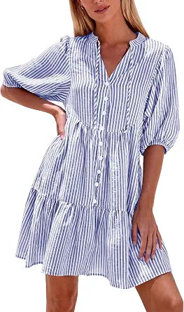 BTFBM Womens Summer Dresses Casual Striped Mini Dress | V Neck Puff Half Sleeve Flowy Button Down... | Amazon (US)