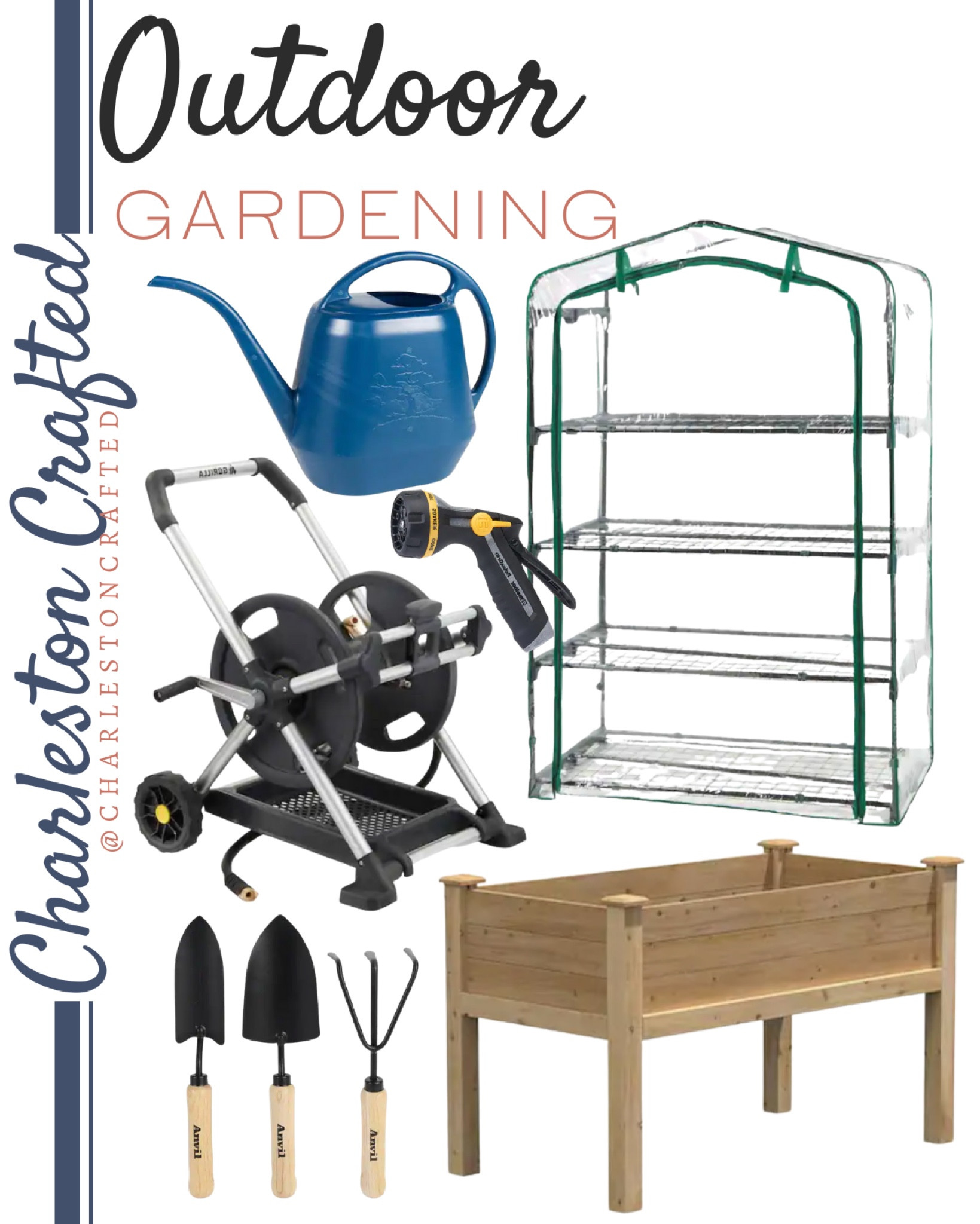 Outdoor gardening supplies include mini green house, elevated garden planter, gardening tools, watering can, hose reel, hose nozzle

Outdoor, gardening, yard work, home gardening, spring gardening, garden supplies 

#LTKhome #LTKSeasonal #LTKstyletip