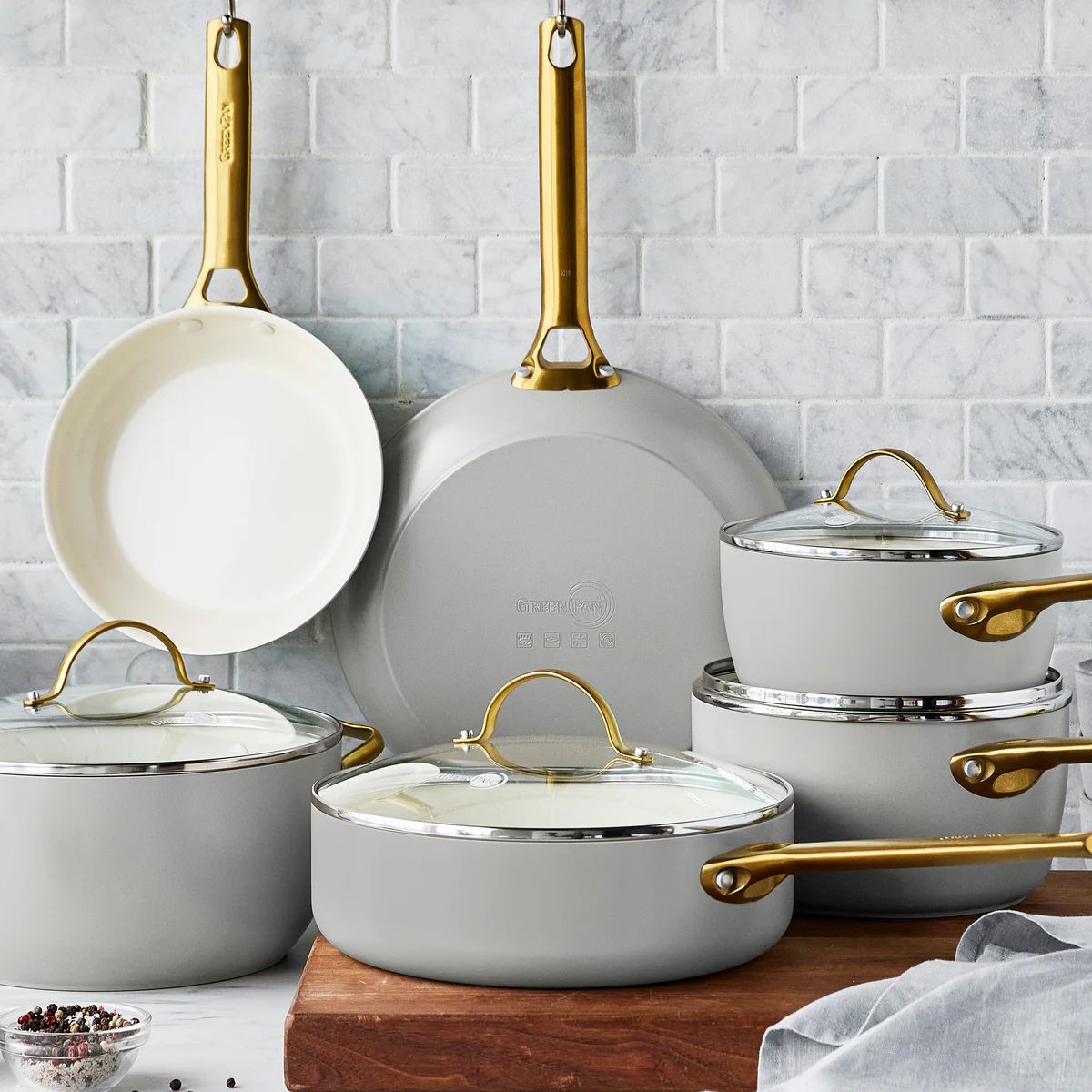 Reserve Ceramic Nonstick 10-Piece Cookware Set | Sage with Gold-Tone Handles | GreenPan