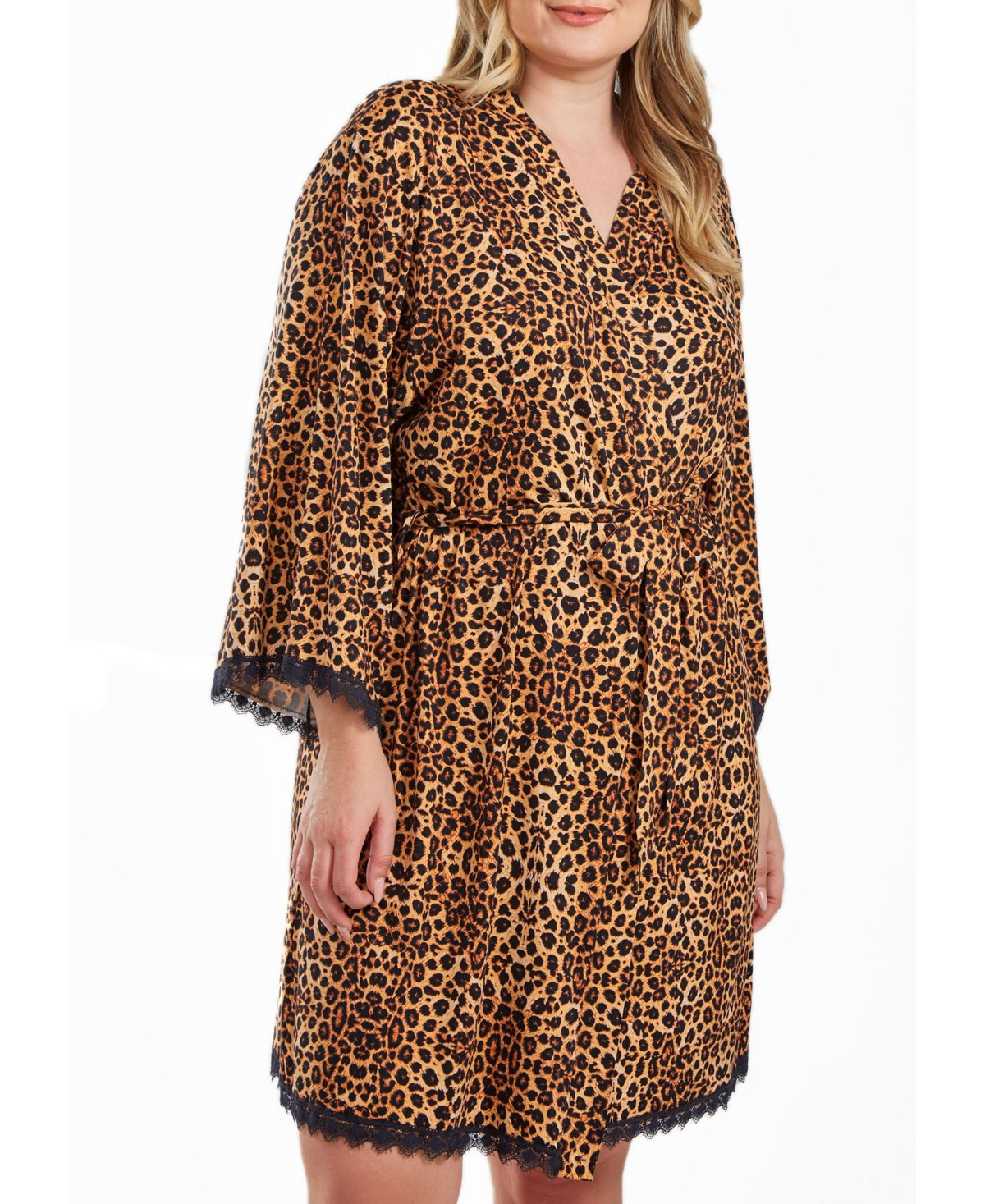 iCollection Chiya Plus Size Leopard Robe with Self Tie Sash and Lace Trimed Hemlines - Leopard | Macy's