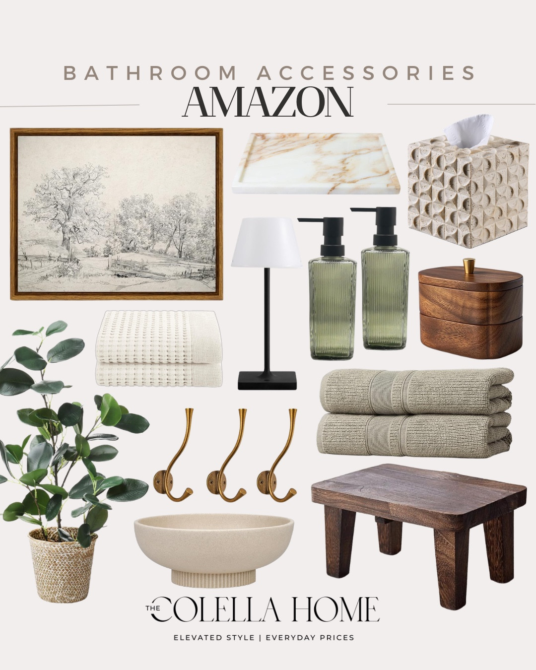 Bathroom accessories from Amazon includes stool, towels, decorative bowl, hooks, faux plant, washcloths, tray, wall art, tissue box holder, canister, lamp, and soap dispenser.

Home decor, bathroom decor, looks for less, neutral home decor

#LTKHome #LTKSeasonal #LTKSaleAlert