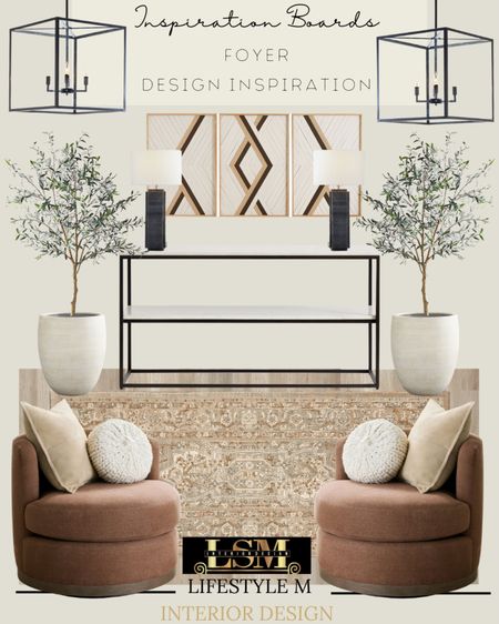 Natural Foyer Design Inspiration. Recreate the look at home with this decor and furniture. Brown accent chairs, foyer runner, metal white console table, wall art, black table lamp, white tree planter pot, faux fake tree, wood floor tile, foyer pendant light.

#LTKFind #LTKhome #LTKSale