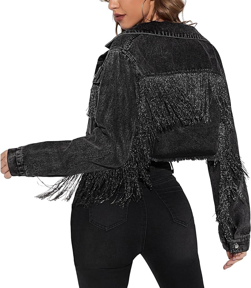 Bienmorn Womens Cropped Black Fringe Denim Jackets Retro Distressed Frayed Western Tasssel Cowgir... | Amazon (US)