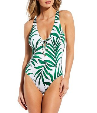Gibson & Latimer Rainforest Palms Lace-Up Plunge V-Neck One Piece Swimsuit | Dillard's | Dillard's