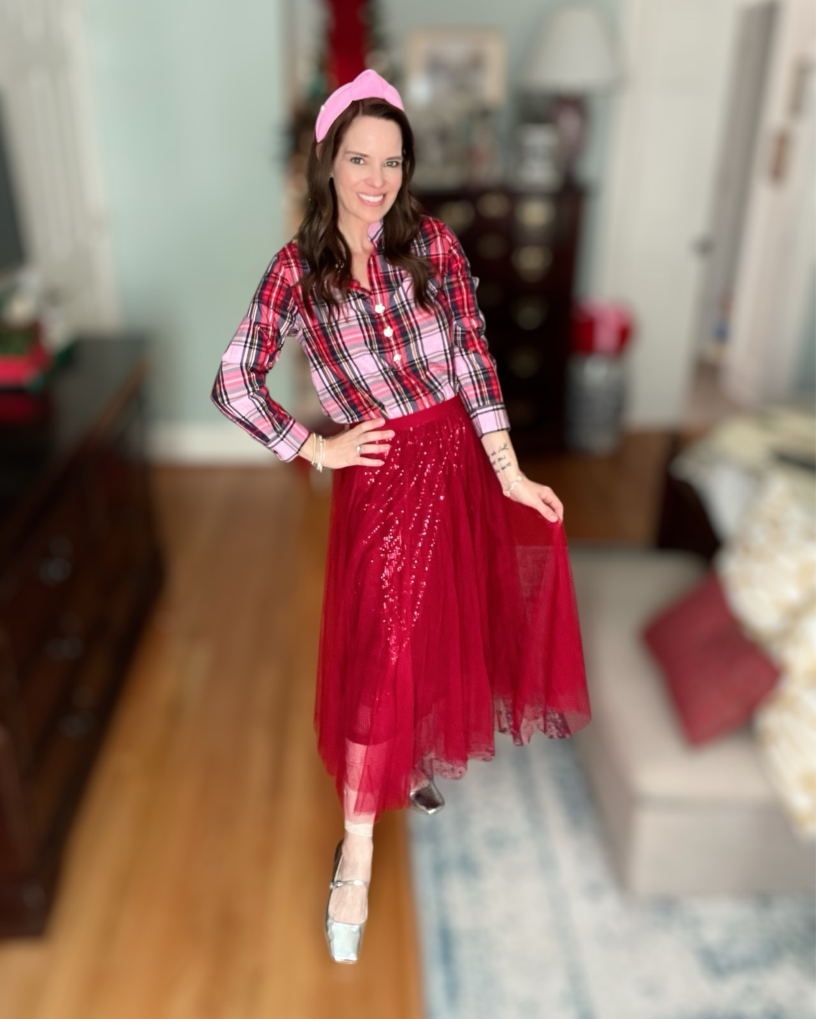 Plaid & Tulle Holiday Outfit 🎀✨

The sweetest classic Christmas look! My plaid top is an older J.Crew style, but I linked a very similar version from this season at Talbots — same festive vibe with those sparkly statement buttons. Paired it with this gorgeous red sequin-mesh tulle midi skirt that twirls like a dream and adds the perfect holiday sparkle ✨

Finished everything with the pink Lele-style headband for a fun pop of color and metallic Mary Jane flats to keep it comfy and festive. Such a cute outfit for holiday parties, school events, church, concerts, or anything merry & bright this season 🎄💖

holiday outfit, plaid holiday top, red tulle skirt, chicwish skirt, talbots plaid, christmas party outfit, festive holiday style, girly christmas look, metallic mary janes, pink headband outfit, classic christmas plaid, merry & bright style

#LTKHoliday #LTKFindsUnder100 #LTKOver40