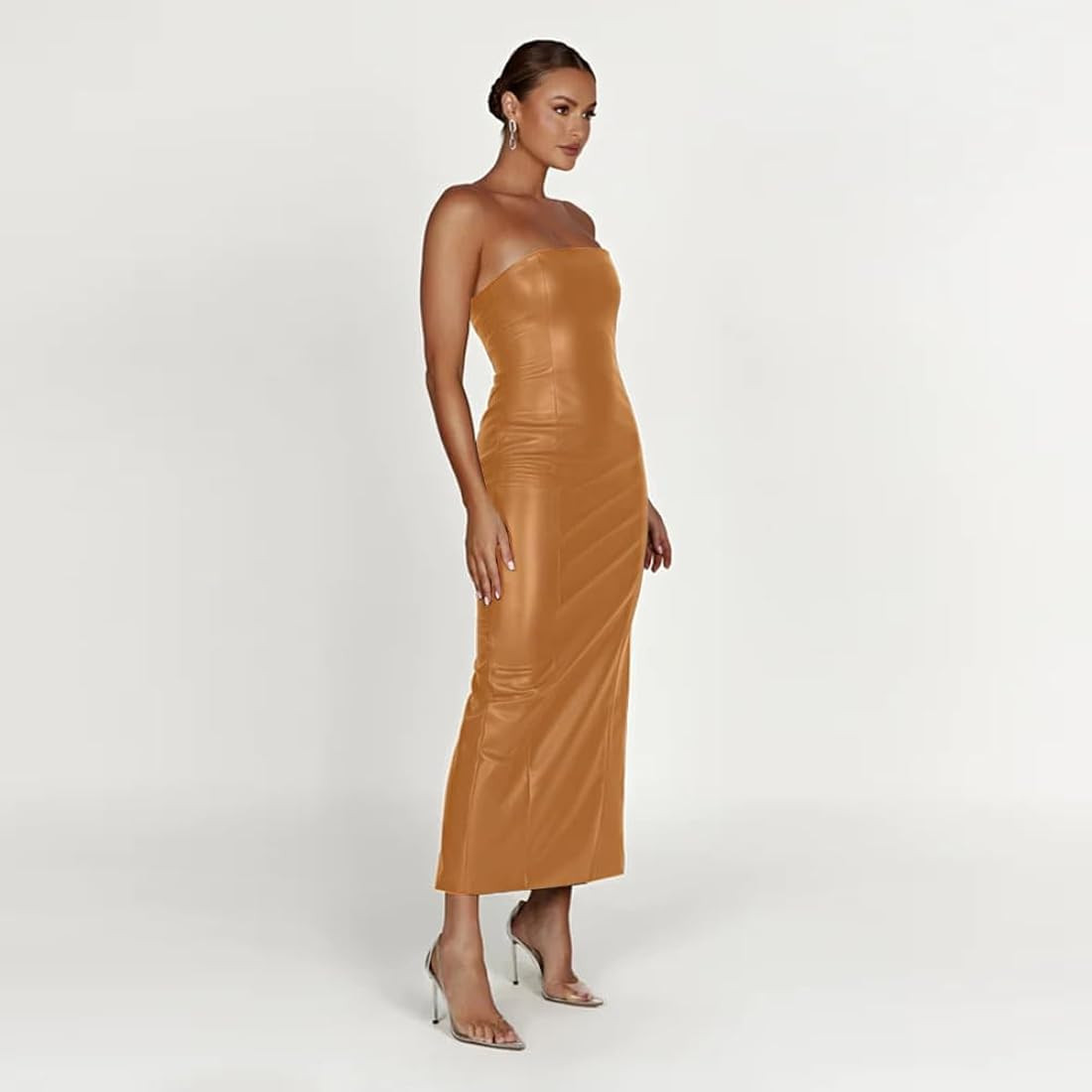 XLLAIS Women's Faux PU Leather Bodycon Maxi Dress Sexy Boatneck Tank Long Dresses | Amazon (US)