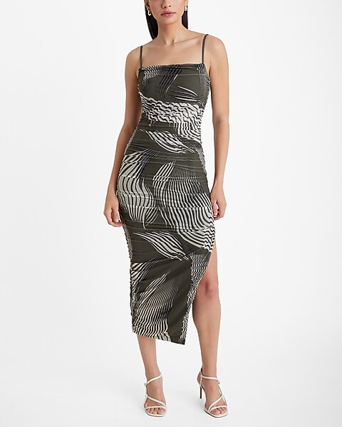 Body Contour Mesh Printed Ruched Side Slit Midi Dress | Express
