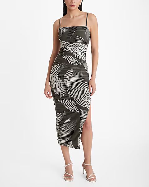 Body Contour Mesh Printed Ruched Side Slit Midi Dress | Express