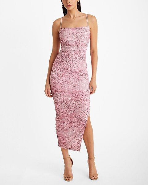 Body Contour Mesh Printed Ruched Side Slit Midi Dress | Express