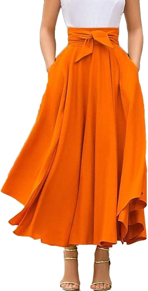 wsevypo Womens High Waist Maxi Skirt Bow Tie Front Pleated Flared Big Hem A Line Swing Flowy Ankl... | Amazon (US)