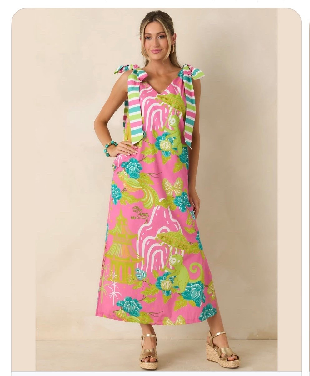 Pink Chinoiserie Maxi Dress 🌺🐒🌴

This vibrant chinoiserie-inspired maxi dress is a true statement maker! 💗 Featuring playful tropical motifs, whimsical monkeys, colorful florals, and architectural details, this dress feels like wearable artwork. The oversized striped shoulder ties add the sweetest touch, while the relaxed silhouette keeps it comfortable for everything from vacation adventures to summer brunches and resort evenings. ☀️✨

Made from breathable cotton and fully lined for comfort, this eye-catching maxi is one of those pieces that instantly makes you feel put together. Just add wedges, statement earrings, and a woven bag for an effortlessly chic warm-weather look. 🌴🍹

Resort wear, chinoiserie dress, tropical maxi dress, pink statement dress, vacation outfit inspiration, colorful summer fashion, resort vacation style, cotton maxi dress, beach vacation wardrobe, Palm Beach style, tropical print dress, feminine summer fashion, vacation capsule wardrobe, colorful resort wear, summer brunch outfit. 💗🌺☀️🍹

#LTKOver40 #LTKSeasonal #LTKootd